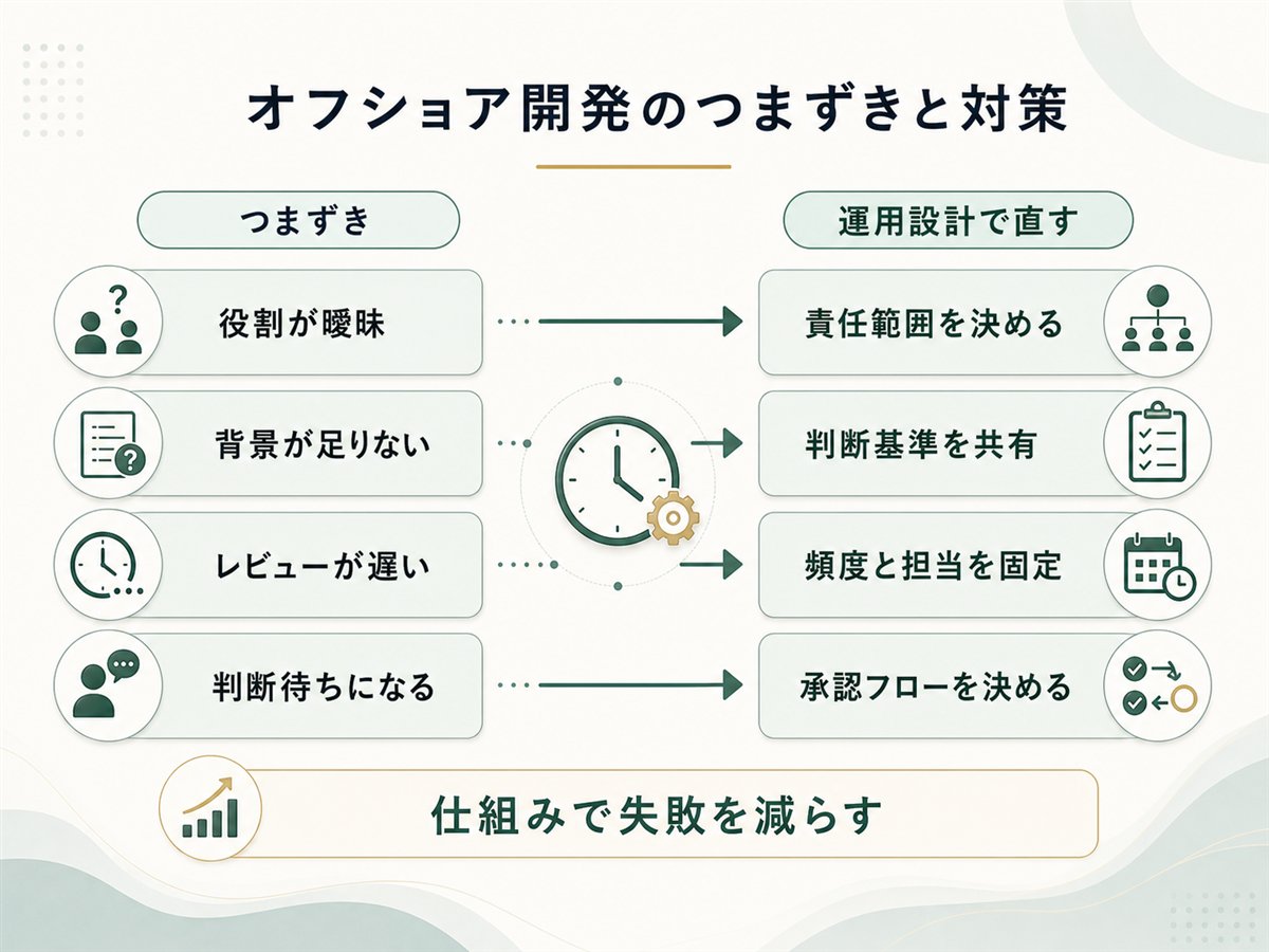 オフショア開発で失敗する企業の共通点を整理したインフォグラフィック